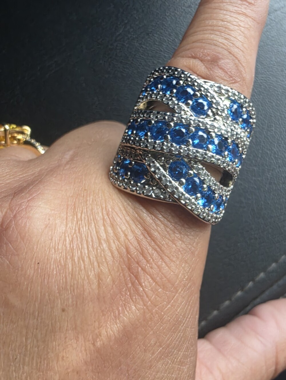 Blue Crystal Statement Cocktail Ring Triple Rhodium Finish Wide Band Size 9